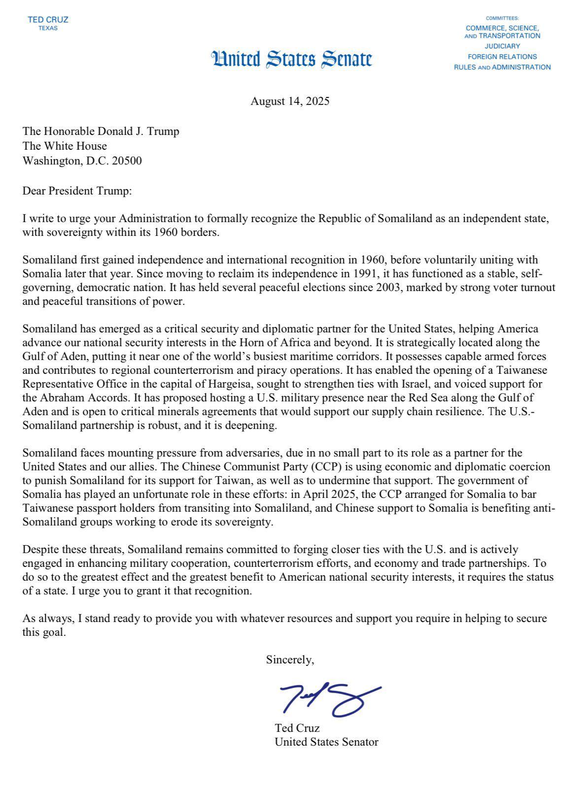 Senator Ted Cruz Letter to President Trump